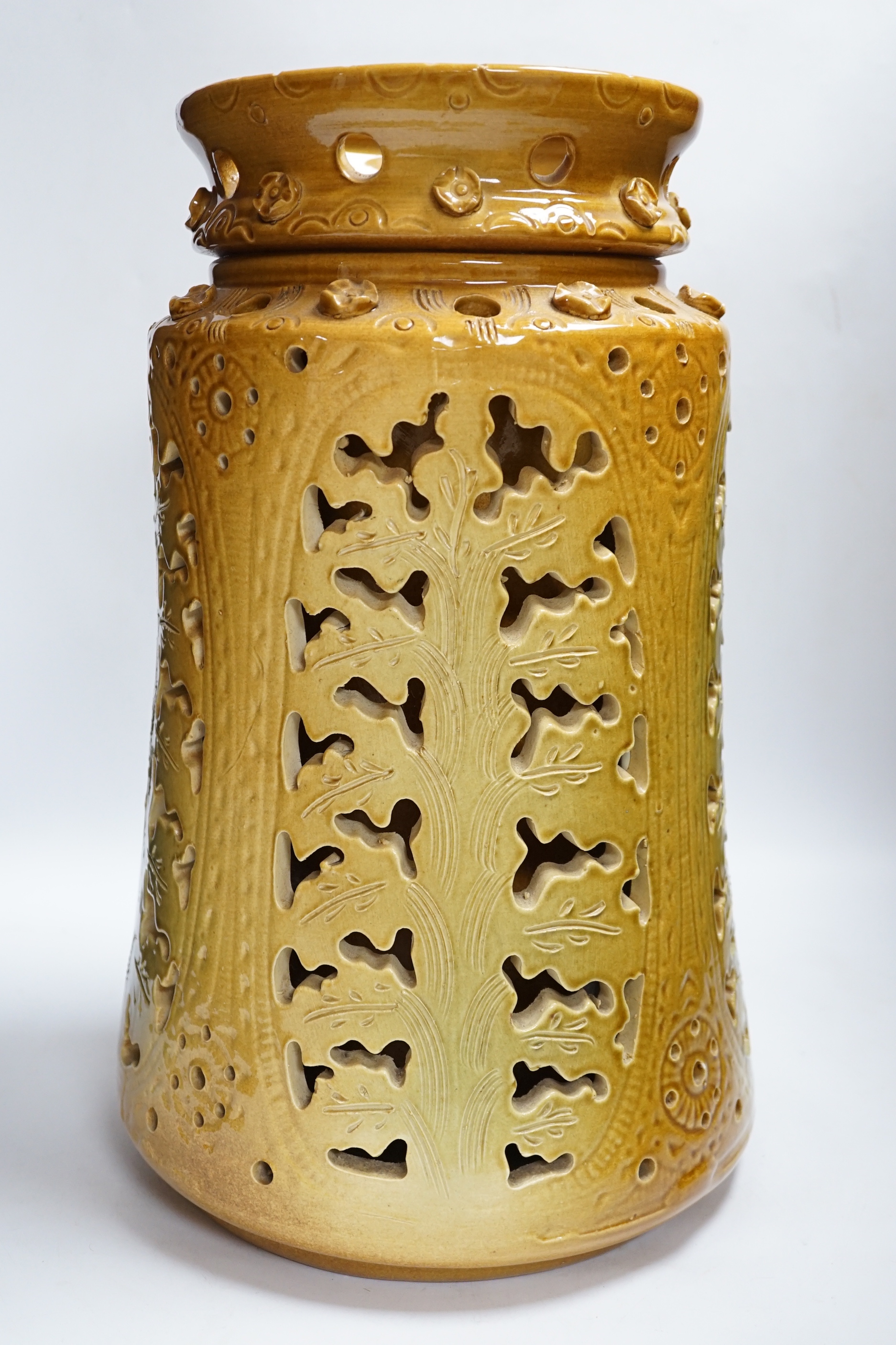 A large German reticulated double walled pottery vase, 45cm
